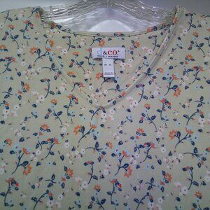 Denim & Co. Printed Jersey Peplum Top V-Neck Stone Khaki Floral Size XL